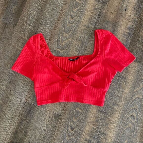 SHEIN Crop Top Red Ribbed Stretch Front Tie Festival Party - Picture 2 of 9